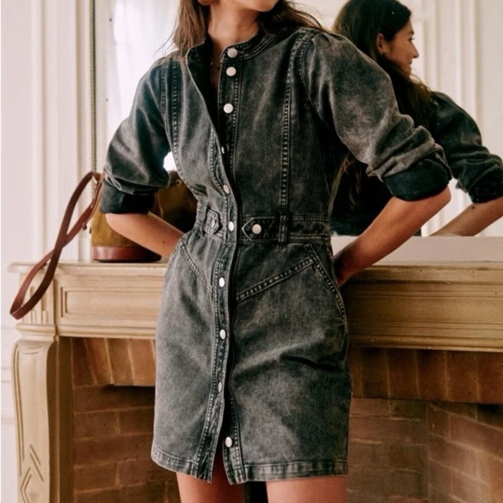 Sezane Alberta Denim Dress Grey Black (size 46/XL)